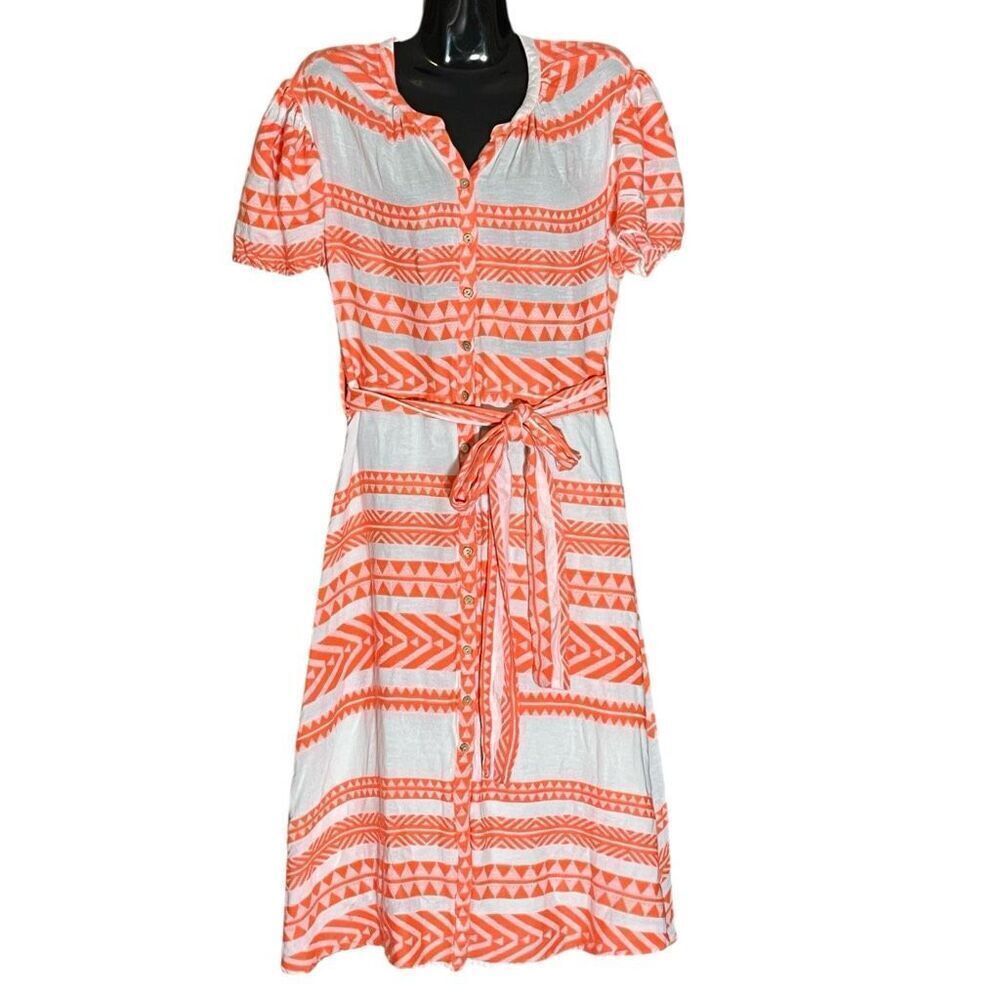 DRA Sera Orange & White Aztec Print Button Down Lined Short Sleeve MIDI Dress Sz